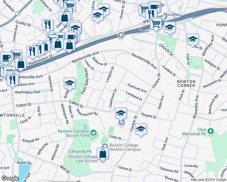 map of restaurants, bars, coffee shops, grocery stores, and more near 12 Surrey Road in Newton