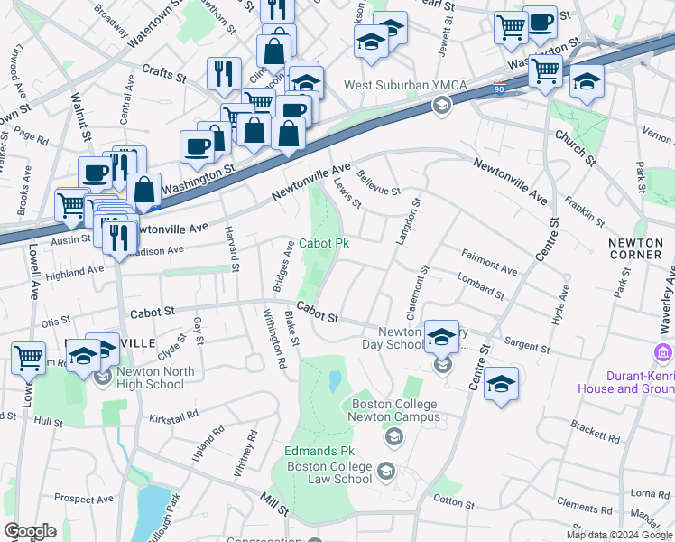 map of restaurants, bars, coffee shops, grocery stores, and more near 38 Winchester Road in Newton
