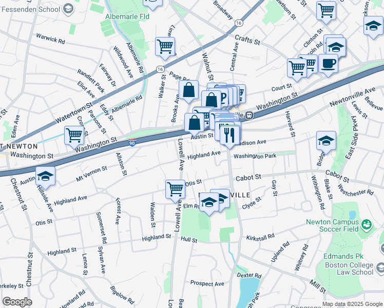 map of restaurants, bars, coffee shops, grocery stores, and more near 55 Highland Avenue in Newton