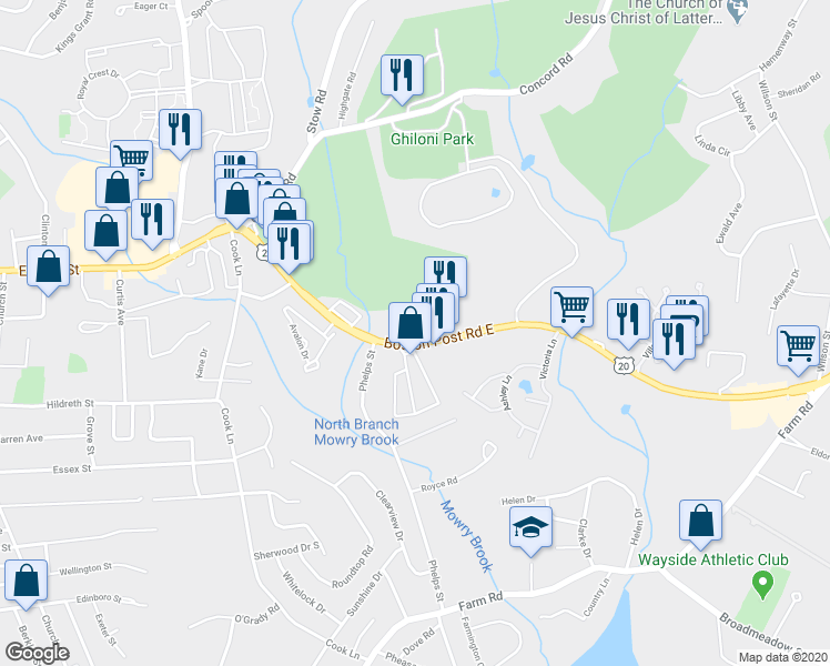 map of restaurants, bars, coffee shops, grocery stores, and more near 168 Boston Post Road East in Marlborough