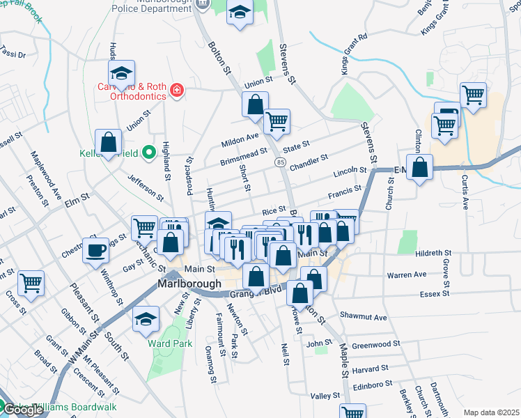 map of restaurants, bars, coffee shops, grocery stores, and more near 12 Short Street in Marlborough