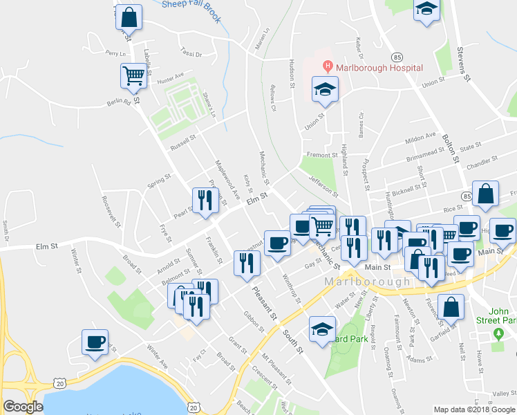 map of restaurants, bars, coffee shops, grocery stores, and more near 52 Norwood Street in Marlborough
