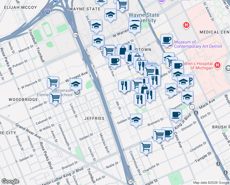 map of restaurants, bars, coffee shops, grocery stores, and more near 4255 3rd Avenue in Detroit