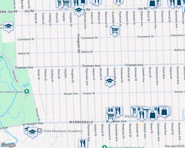 map of restaurants, bars, coffee shops, grocery stores, and more near 7789 Auburn Street in Detroit