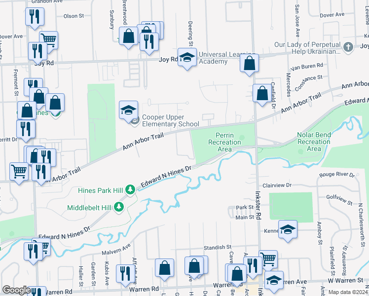 map of restaurants, bars, coffee shops, grocery stores, and more near 8205 Valleyview Circle in Westland