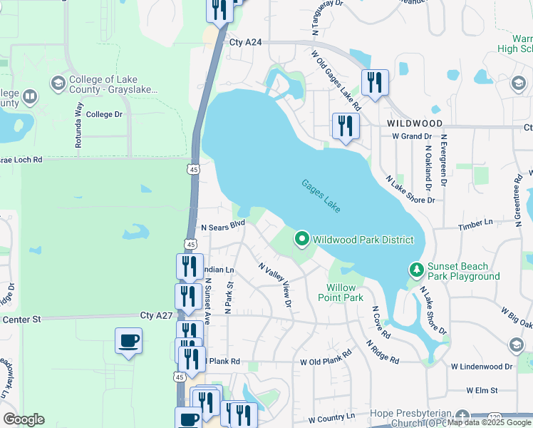 map of restaurants, bars, coffee shops, grocery stores, and more near 33454 North Lakeview Court in Grayslake
