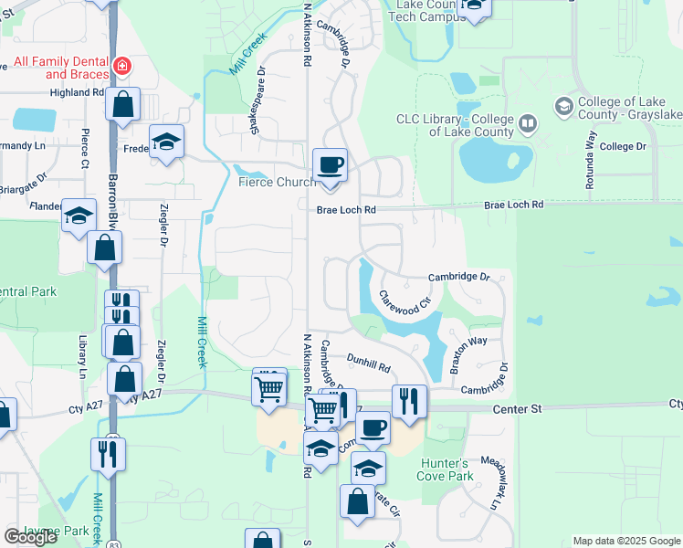 map of restaurants, bars, coffee shops, grocery stores, and more near 357 Dorchester Lane in Grayslake
