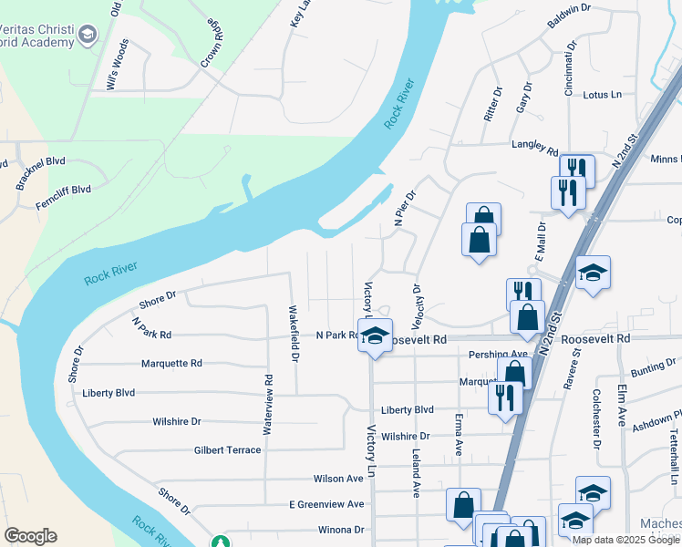 map of restaurants, bars, coffee shops, grocery stores, and more near 8620 Victory Lane in Machesney Park