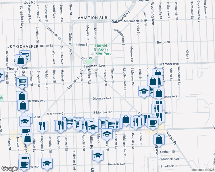 map of restaurants, bars, coffee shops, grocery stores, and more near 7745 Littlefield Boulevard in Dearborn