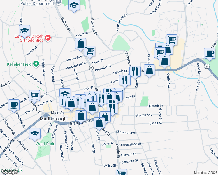 map of restaurants, bars, coffee shops, grocery stores, and more near 3 Middle Street in Marlborough