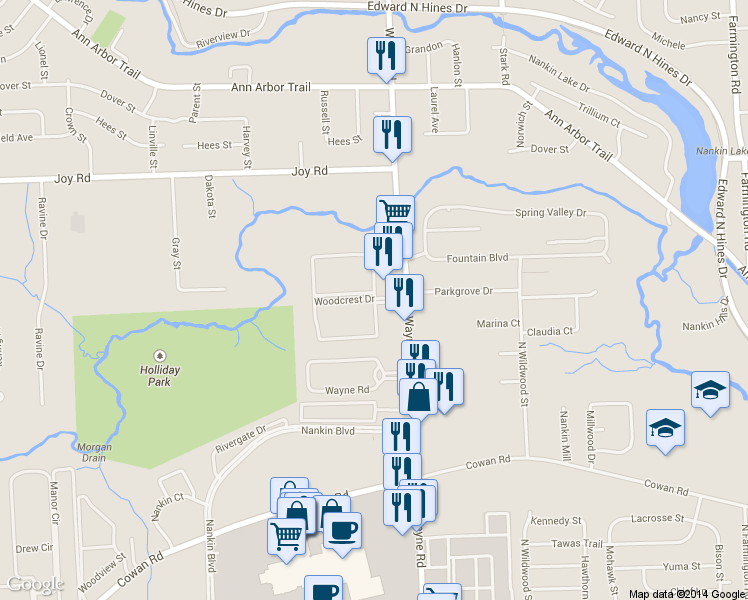map of restaurants, bars, coffee shops, grocery stores, and more near 8401 North Wayne Road in Westland