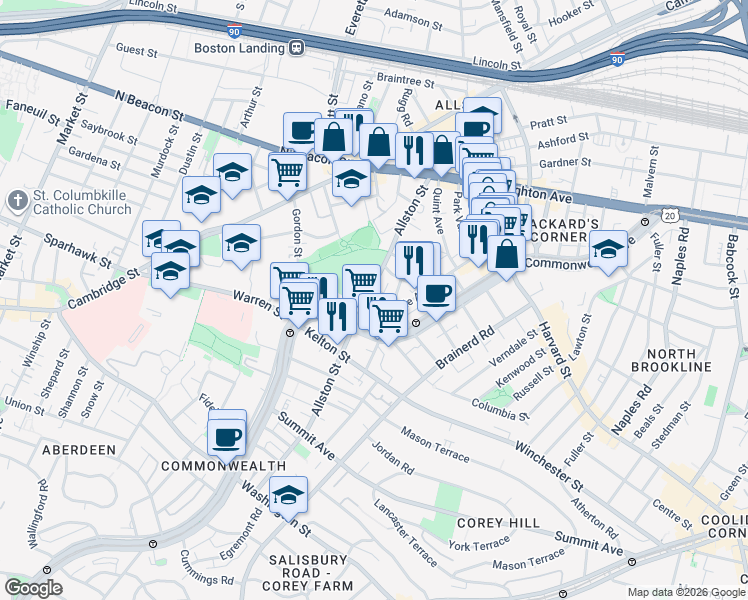 map of restaurants, bars, coffee shops, grocery stores, and more near 139 Glenville Avenue in Boston