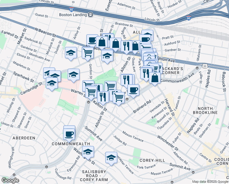 map of restaurants, bars, coffee shops, grocery stores, and more near 139 Glenville Avenue in Boston