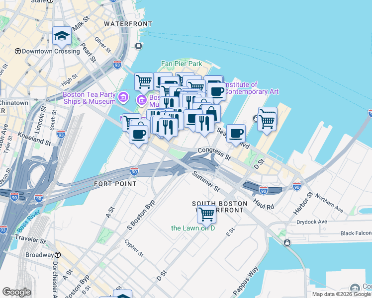 map of restaurants, bars, coffee shops, grocery stores, and more near Congress Street in Boston