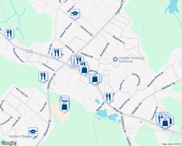 map of restaurants, bars, coffee shops, grocery stores, and more near 25 Boyden Road in Holden