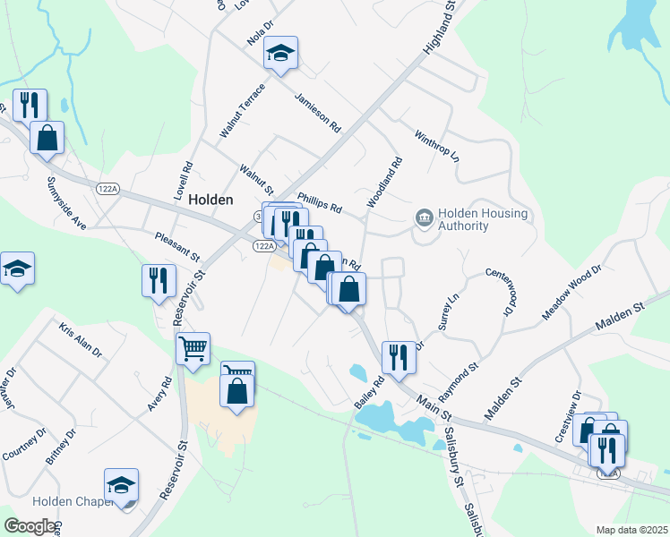 map of restaurants, bars, coffee shops, grocery stores, and more near 25 Boyden Road in Holden