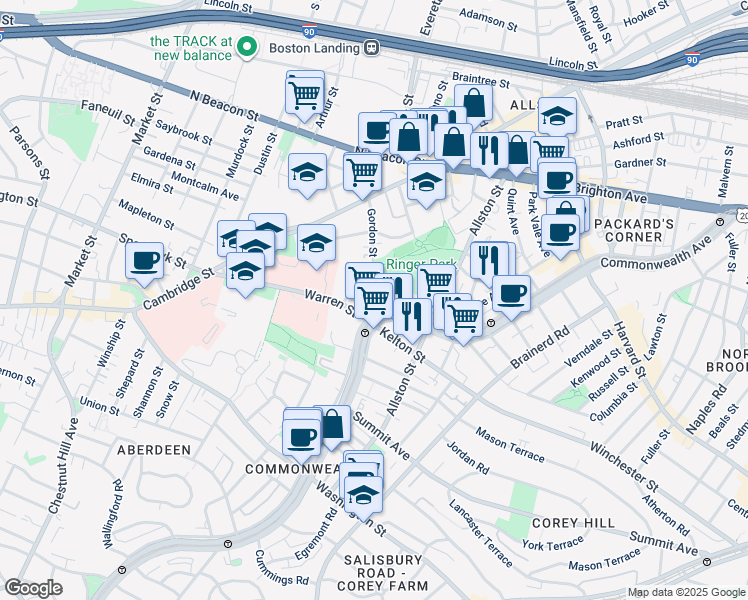 map of restaurants, bars, coffee shops, grocery stores, and more near 103 Gordon Street in Boston