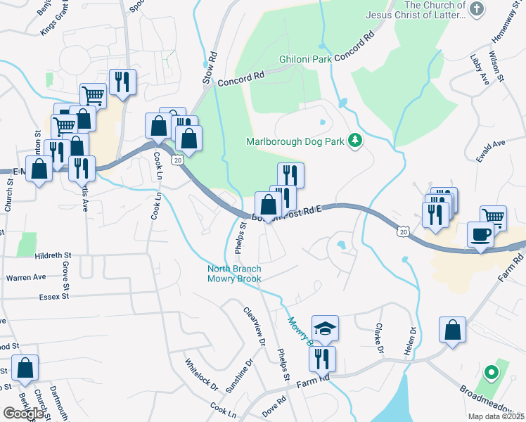 map of restaurants, bars, coffee shops, grocery stores, and more near 168 Boston Post Road East in Marlborough