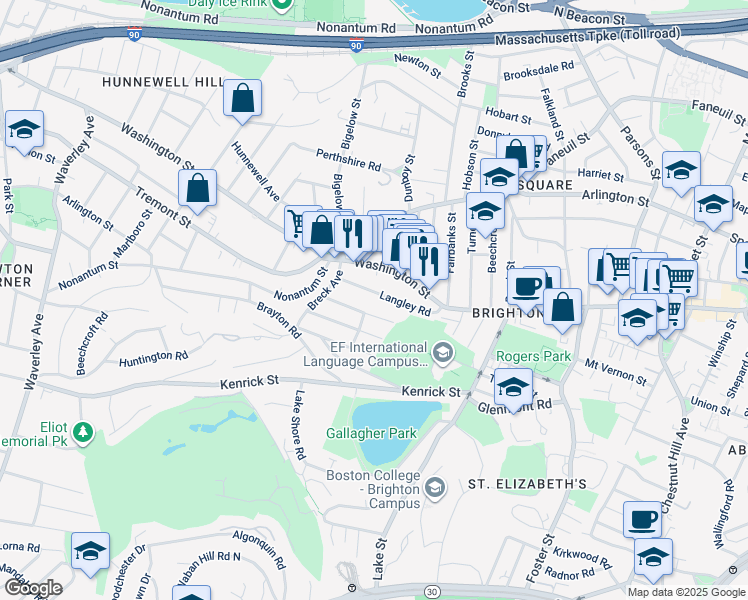 map of restaurants, bars, coffee shops, grocery stores, and more near 50 Langley Road in Boston