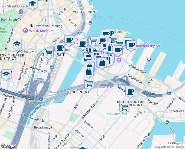 map of restaurants, bars, coffee shops, grocery stores, and more near 329 A Street in Boston