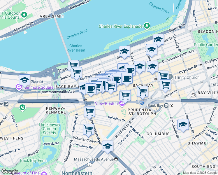 map of restaurants, bars, coffee shops, grocery stores, and more near 296 Commonwealth Avenue in Boston