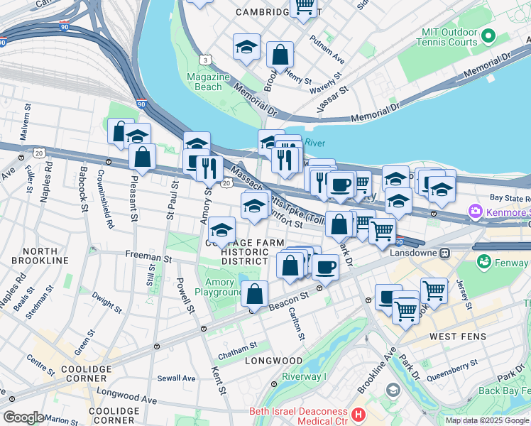 map of restaurants, bars, coffee shops, grocery stores, and more near 25 Lenox Street in Brookline