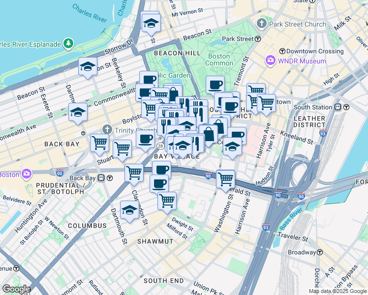 map of restaurants, bars, coffee shops, grocery stores, and more near 34-38 Winchester Street in Boston