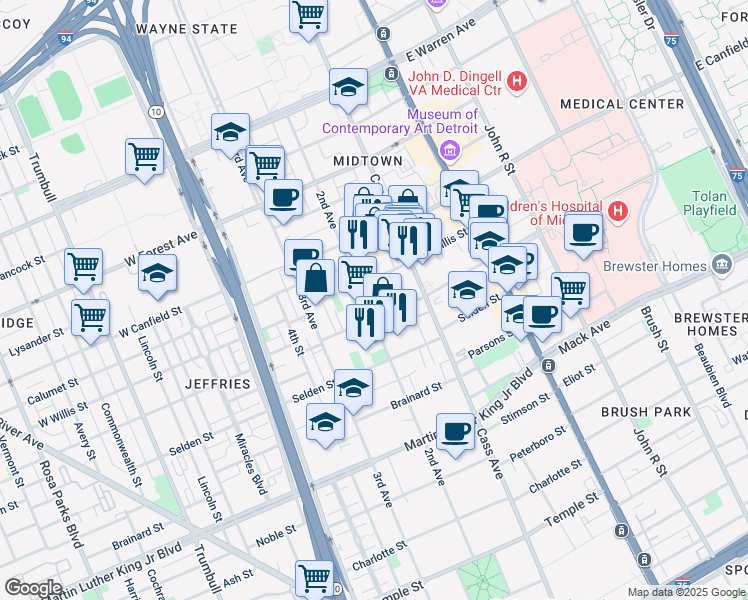 map of restaurants, bars, coffee shops, grocery stores, and more near 4140 2nd Avenue in Detroit