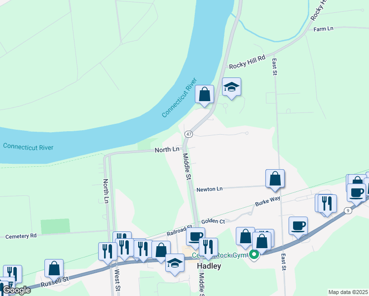 map of restaurants, bars, coffee shops, grocery stores, and more near 1 Middle Street in Hadley