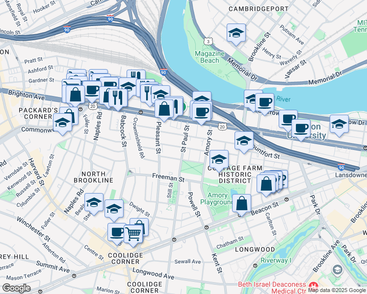 map of restaurants, bars, coffee shops, grocery stores, and more near 49 Egmont Street in Brookline