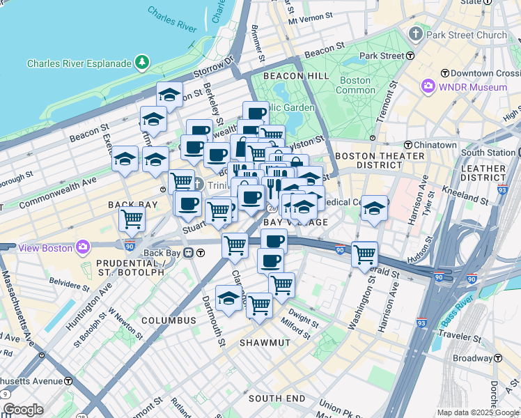 map of restaurants, bars, coffee shops, grocery stores, and more near 157 Berkeley Street in Boston
