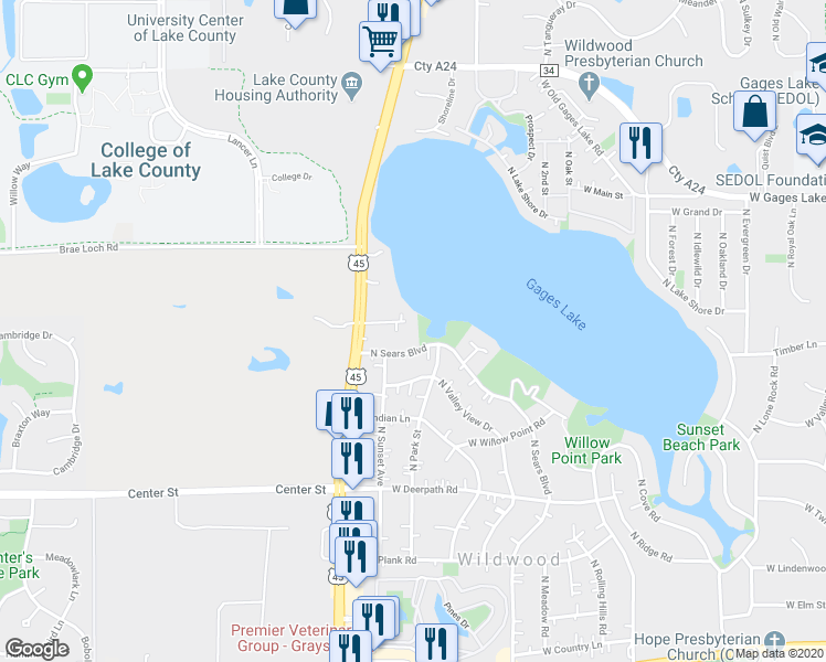 map of restaurants, bars, coffee shops, grocery stores, and more near 18895 West Orchard Lane in Grayslake