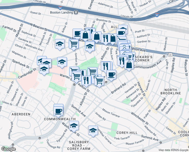 map of restaurants, bars, coffee shops, grocery stores, and more near 139 Glenville Avenue in Boston