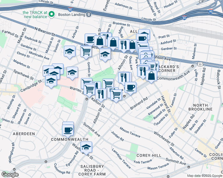 map of restaurants, bars, coffee shops, grocery stores, and more near 139 Glenville Avenue in Boston
