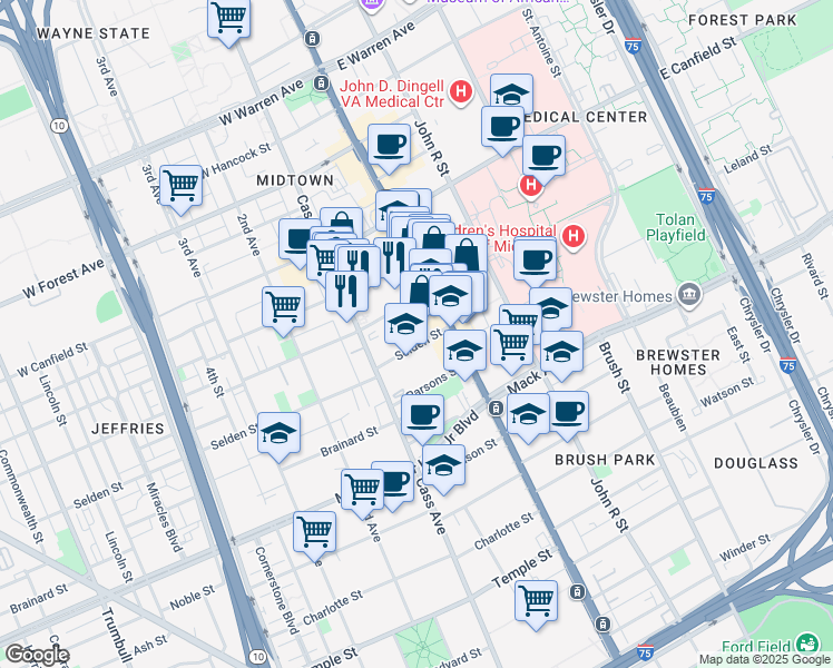 map of restaurants, bars, coffee shops, grocery stores, and more near 52 Selden Street in Detroit