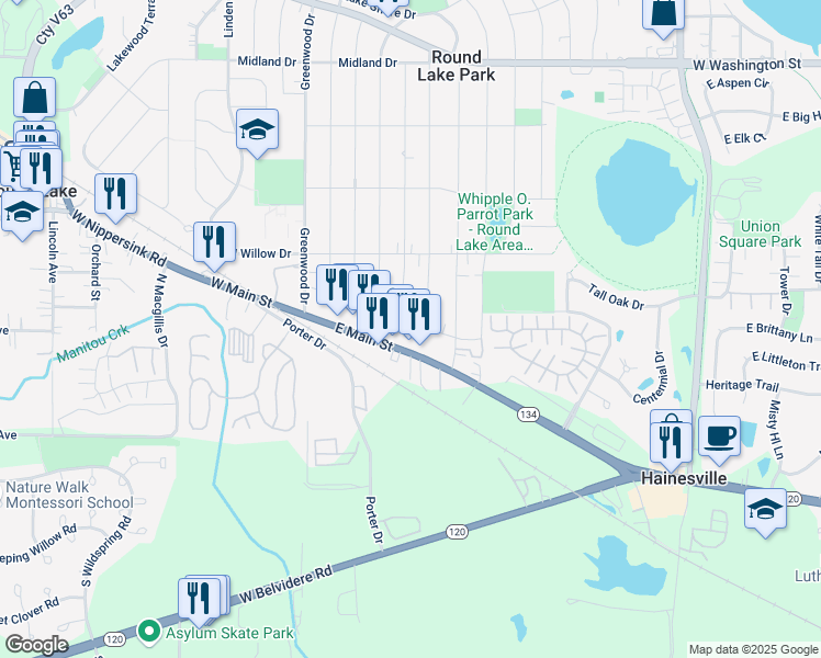 map of restaurants, bars, coffee shops, grocery stores, and more near 207 East Pineview Drive in Round Lake Park