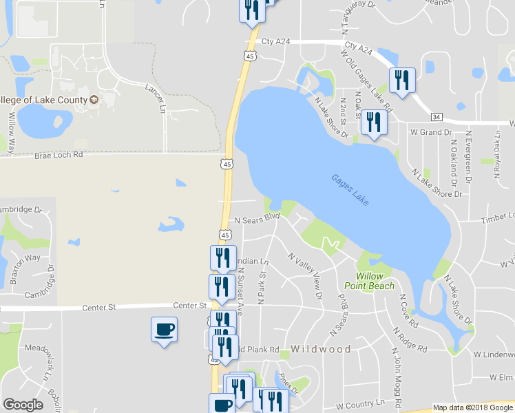 map of restaurants, bars, coffee shops, grocery stores, and more near 18897 West Orchard Lane in Grayslake