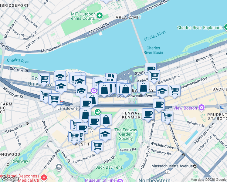 map of restaurants, bars, coffee shops, grocery stores, and more near Beacon St & Kenmore St in Boston