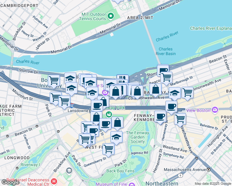 map of restaurants, bars, coffee shops, grocery stores, and more near in Boston