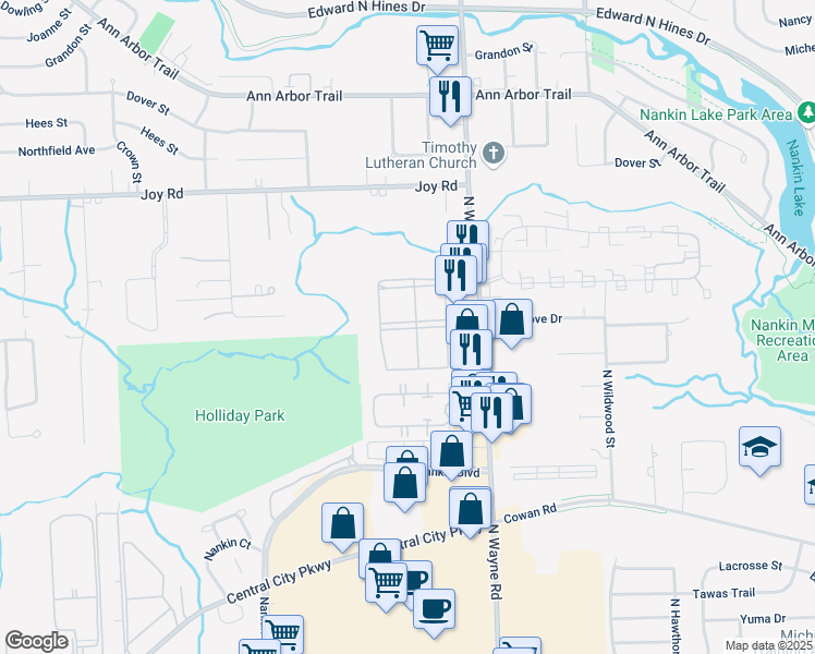 map of restaurants, bars, coffee shops, grocery stores, and more near 8363 Woodcrest Drive in Westland