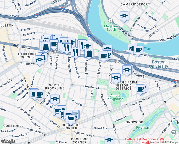 map of restaurants, bars, coffee shops, grocery stores, and more near 76 Egmont Street in Brookline