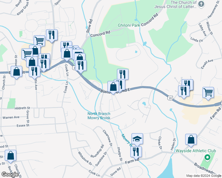 map of restaurants, bars, coffee shops, grocery stores, and more near 168 Boston Post Road East in Marlborough