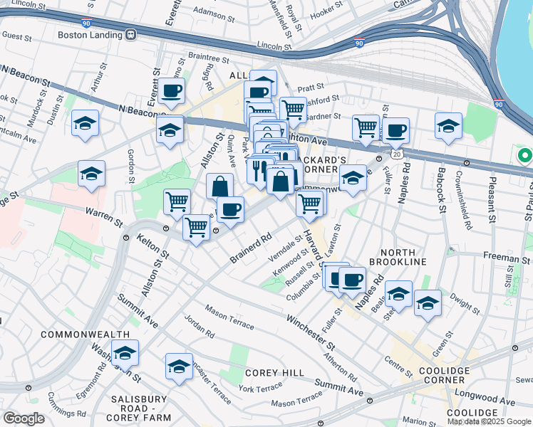 map of restaurants, bars, coffee shops, grocery stores, and more near 1254 Commonwealth Avenue in Boston