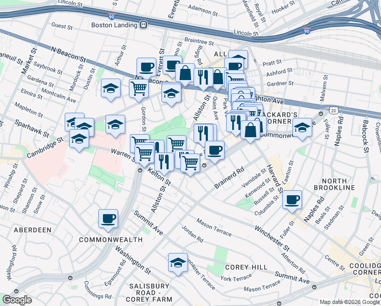 map of restaurants, bars, coffee shops, grocery stores, and more near 28 Long Avenue in Boston