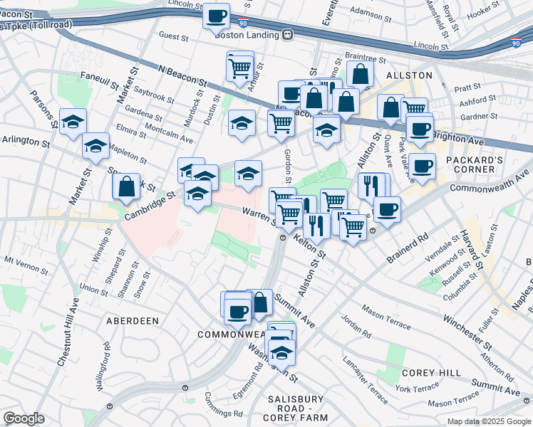 map of restaurants, bars, coffee shops, grocery stores, and more near 98-100 Warren Street in Boston