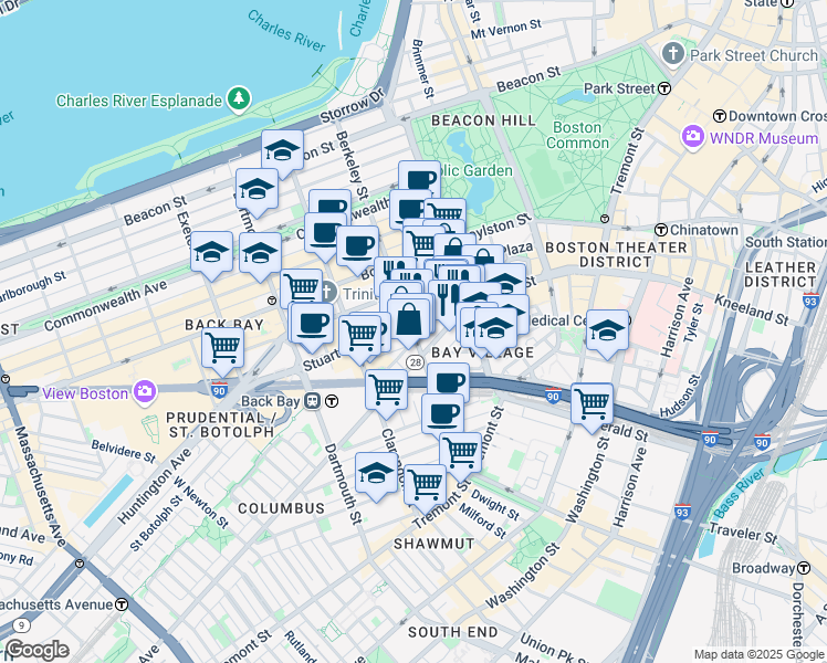 map of restaurants, bars, coffee shops, grocery stores, and more near 157 Berkeley Street in Boston