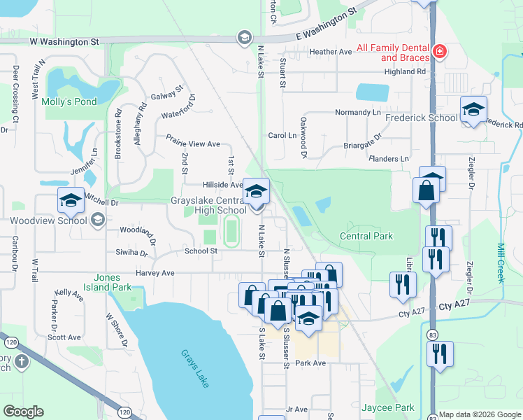 map of restaurants, bars, coffee shops, grocery stores, and more near 400 North Lake Street in Grayslake