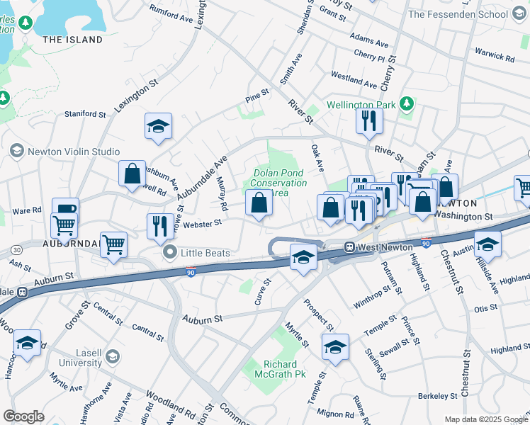 map of restaurants, bars, coffee shops, grocery stores, and more near 18 Westwood Street in Newton