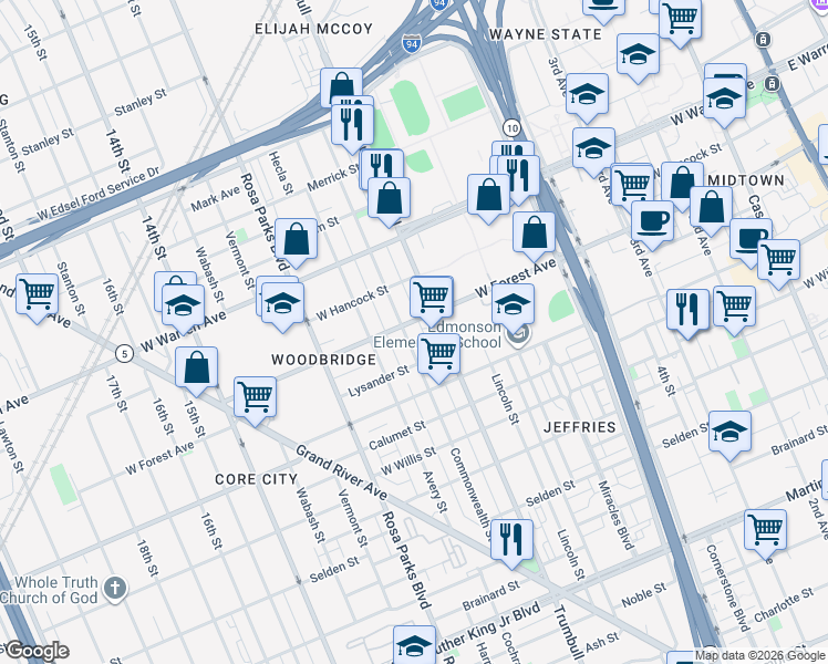 map of restaurants, bars, coffee shops, grocery stores, and more near in Detroit