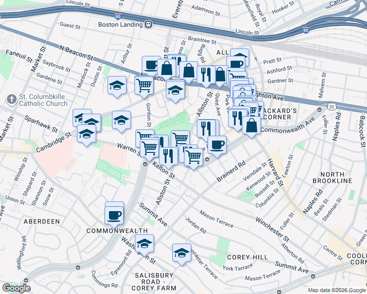 map of restaurants, bars, coffee shops, grocery stores, and more near 139 Glenville Avenue in Boston
